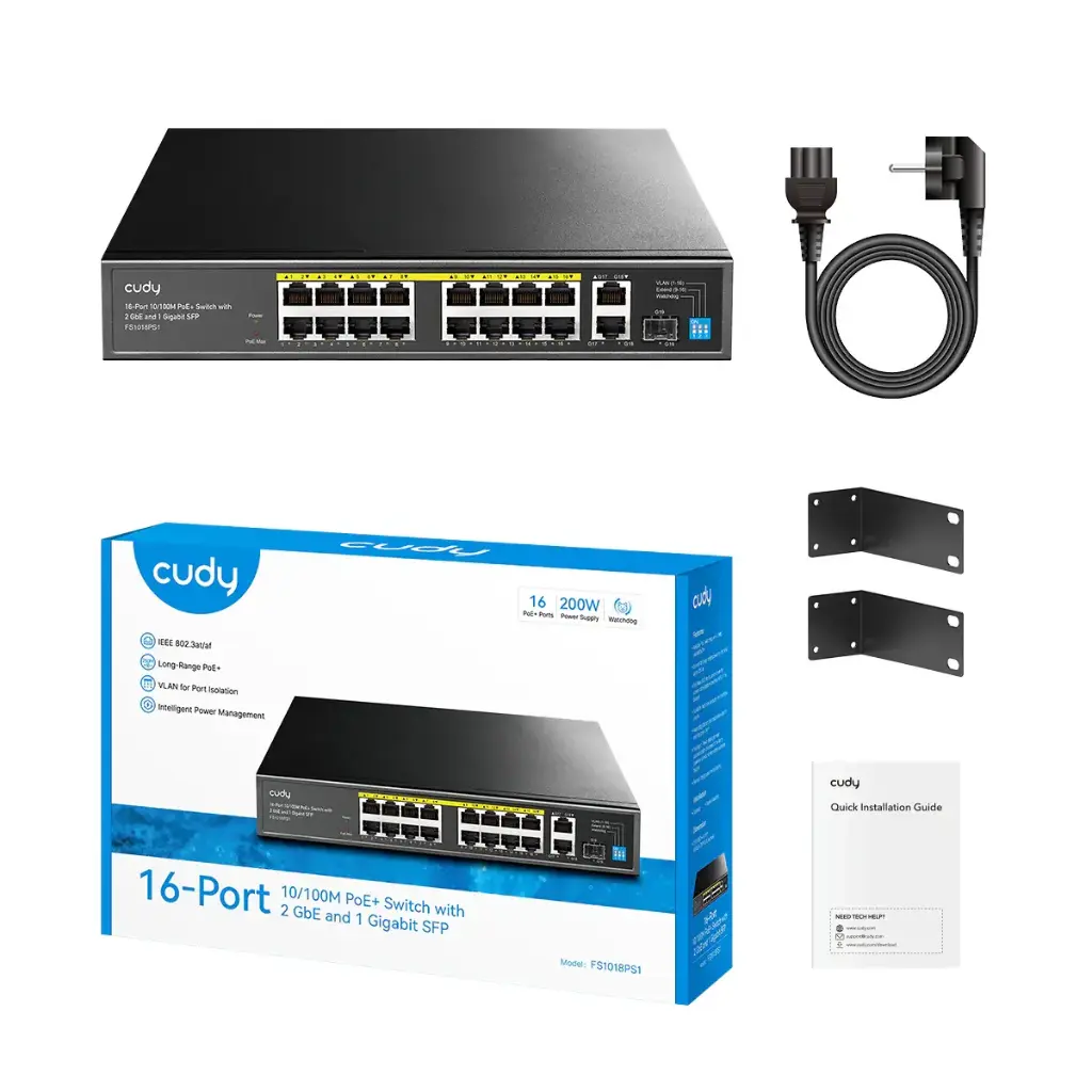 CUDY POE+ SWITCH EITH 2 GBE + 1 GIGABIT SEP SLOT 16 PORT 10/100M 